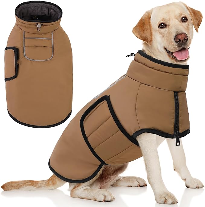 AOFITEE Large Dog Winter Coat, Waterproof Jacket with Harness Hole, Warm Fleece Puffer Jacket for Large Dogs, Reflective Windproof Snowsuit for Dogs, Dachshund, French Bulldog, L