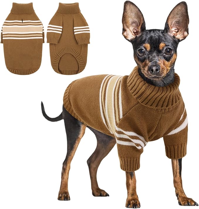 Queenmore Dog Striped Knitted Sweater, Turtleneck Pullover Pet Coat, Dog Winter Clothes with Leash Hole for Small Medium &Large Dogs(Brown,XS)