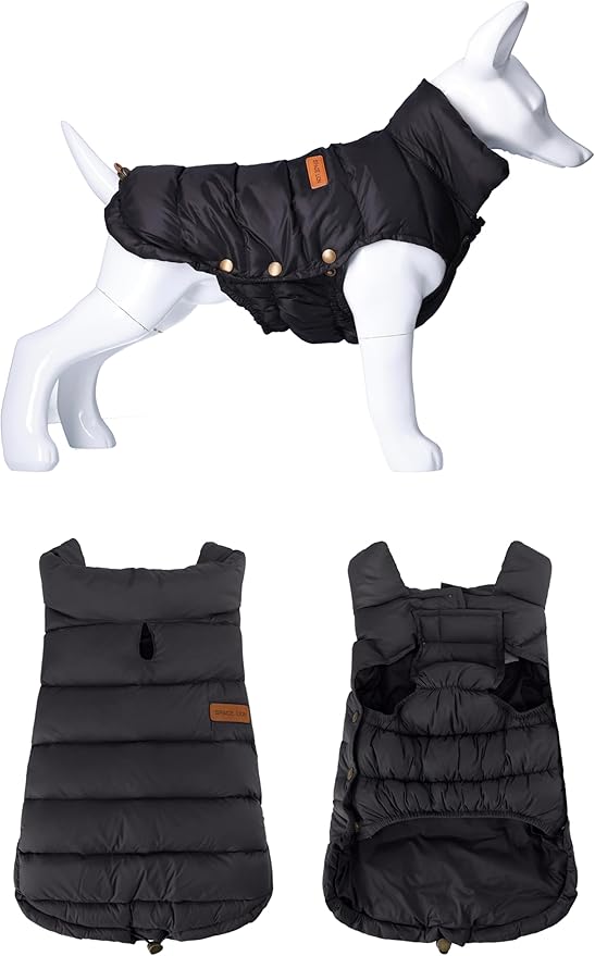 SPACE LION Dog Puffer Jacket, Down Winter Coat, Durable Outdoor Coat for Cold and Windy Conditions, Lightweight & Adjustable Fit Coats for Large Dogs,(Onyx Black, Size24/2XL)