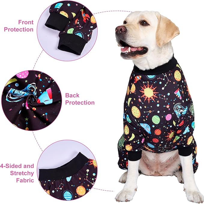 LovinPet Big Dogs Onesies: Big Dog Pajamas, Post Surgery/Wound Care, Lightweight Stretchy Fabric, Interstellar Black Print, Dog Jumpsuit, Anti Licking, Pet PJ's /3XL
