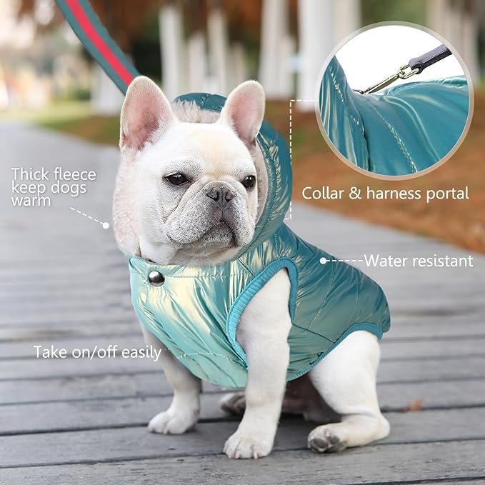 Dog Fleece Hoodie, Windproof Waterproof Dog Coat, Cold Weather Pet Apparel Clothes Vest for Small Medium Large Dog (2XL, Mintgreen)