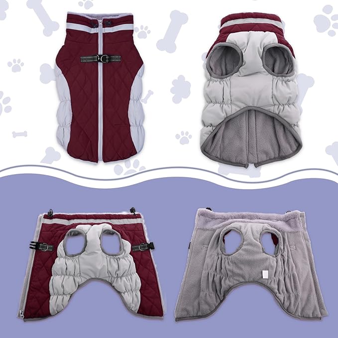 Lelepet Dog Coat Warm Dog Winter Coat Waterproof Dogs Jacket with Harness Built in Reflective Pet Fleece Vest Zip-Up Cold Weather Coats for Small Dogs Turtleneck & Windproof Coats Yorkie Wine Red S