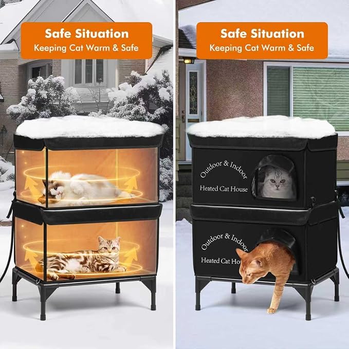 Yeatruojeet 2 Story Heated Cat House for Outside, 100% Waterproof, Safe Escape Door, Elevated Base, Weatherproof Insulated Shelter for Stray Feral Barn Cat