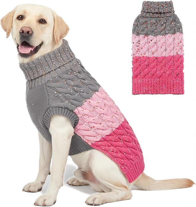 KYEESE Dog Sweater Color Block with Fuzzy Thread Knitted Turtleneck Knitwear with dots in a Variety of Colors Dog Sweater for Large Dogs Fall Winter Dogs Clothes, Pink, XXL
