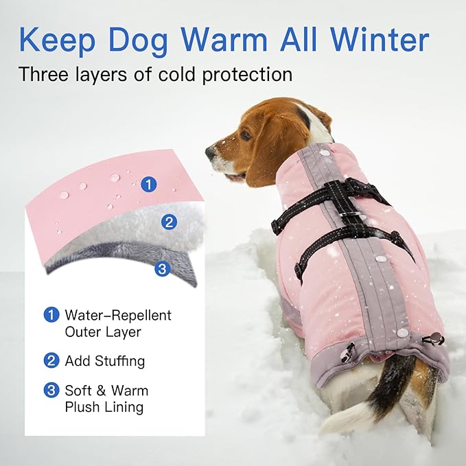 Dog Winter Coat with Adjustable Reflective Harness Built in -M | Turtleneck Water-Repellent Coats with Sleeves for Small Dogs Boy,Cold Weather Coats,Warm Jacket for Schnauzer (Light Pink)