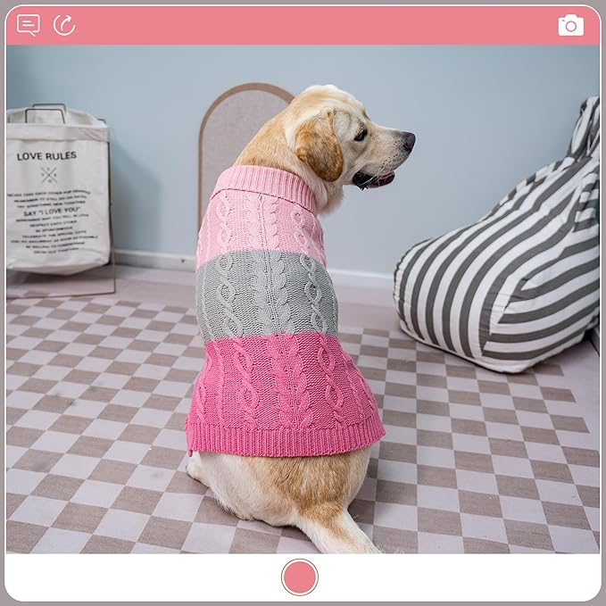 EXPAWLORER Dog Sweater with Leash Hole - Large Dogs Fall Sweaters for Girls Boys,Classic Turtleneck Knitwear Dog Clothes for Cold Weather, Cable Knit Dogs Outfit,Coat,Pet Apparel(Pink&Grey,L/XL)