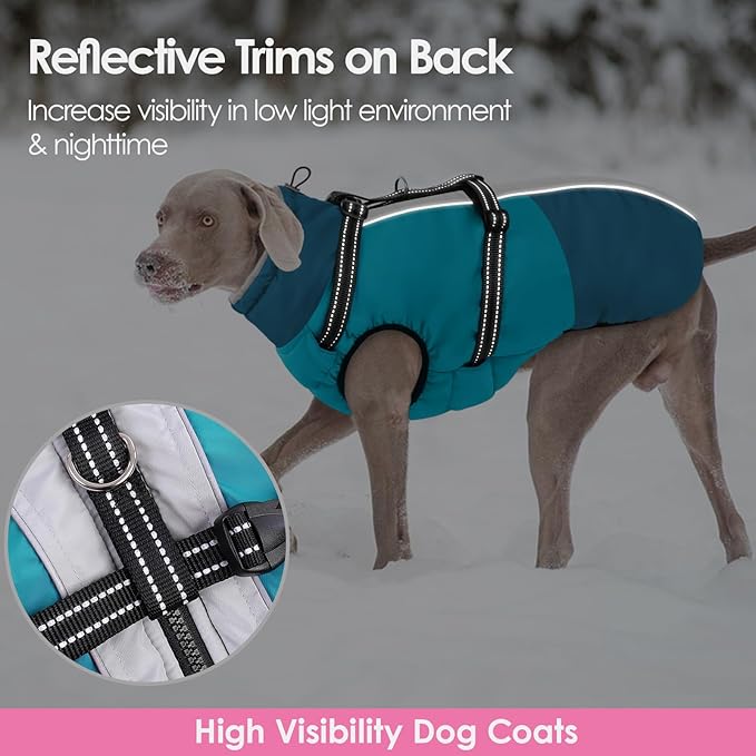 AOFITEE Dog Coat for Large Dogs, XXXL Dog Winter Jacket with Harness Built in, Turtleneck Cold Weather Coat for Extra Large Dogs, Reflective Pet Fleece Jacket with Zipper for Great Dane, Turquoise 3XL
