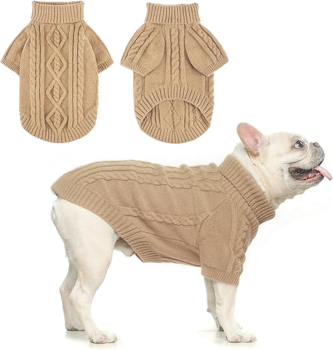 BEAUTYZOO Small Dog Sweater Female Male, Fleece Dog Winter Sweater for Medium Girl Boy Dogs, Pink Warm Cute Puppy Pullover Sweater, Thick Turtleneck Pet Cold Weather Clothes Cable Knitwear, Khaki SM