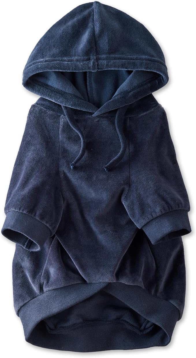 Cooper II Organic Cotton Velour Dog Hoodie Pet Coat for Small, Medium and Large Dogs, Navy, Small
