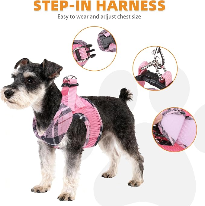 KOOLTAIL Dog Harness and Leash Set, Cute Pink Girl Dog Harness Medium Sized Dog, Step in No Pull Soft Mesh Pet Vest Harness Collar for Dogs Cats, Plaid Puppy Halters for Outdoor Walking, Pink M