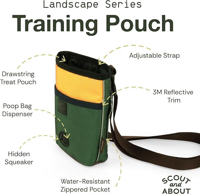P.L.A.Y. Scout & About Deluxe Training Treat Pouch with Poop Bag Dispenser - 3 Way Wear, Detachable & Adjustable Strap, Reflective Strips, Water-Resistant Back Zipper Pocket, Squeaker (Moss)