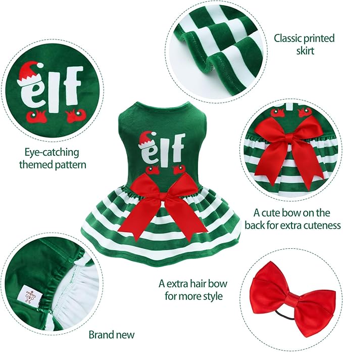 CuteBone Elf Dog Dresses Velvet Holiday Small Dogs Clothes Onesie Pet Apparel Girl Puppy Skirt with Bow Hair Rope CVA55XXS-D