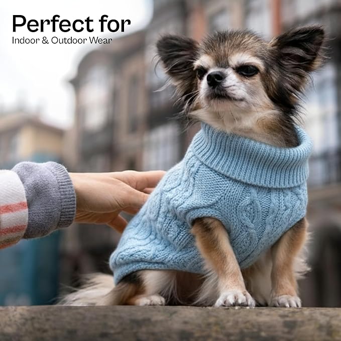 Parisian Pet Christmas Dog Sweaters - Pull Over, Turtle Neck Blue Dog Sweater - Cable Knit Thick Puppy Sweater - Fall, Winter Christmas Pet Clothes - Flexible Arm Holes Sweaters for Small Dogs - XS