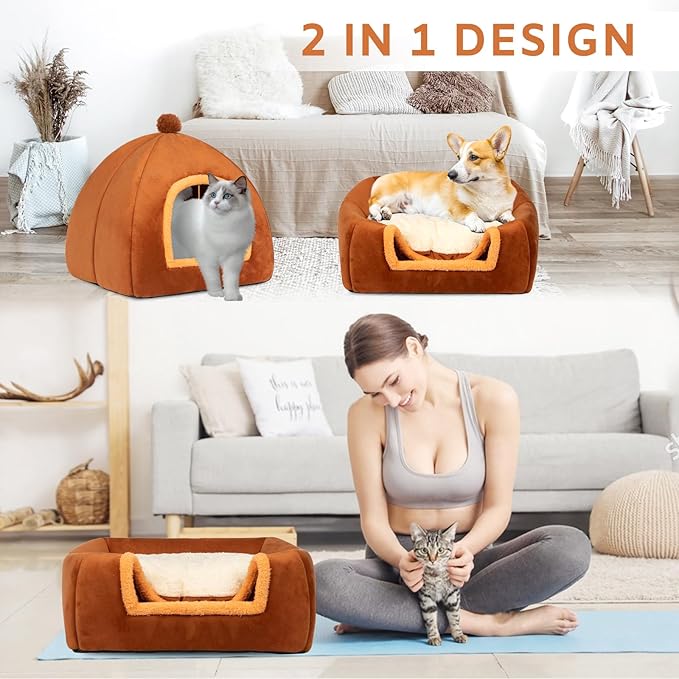 RUONARIER Cat Bed Cave for Indoor Cats,Cat House Tent Bed with Removable Washable Cushioned Pillow, 2-in-2 Kitten Beds for Indoor Kittens,Pet Bed