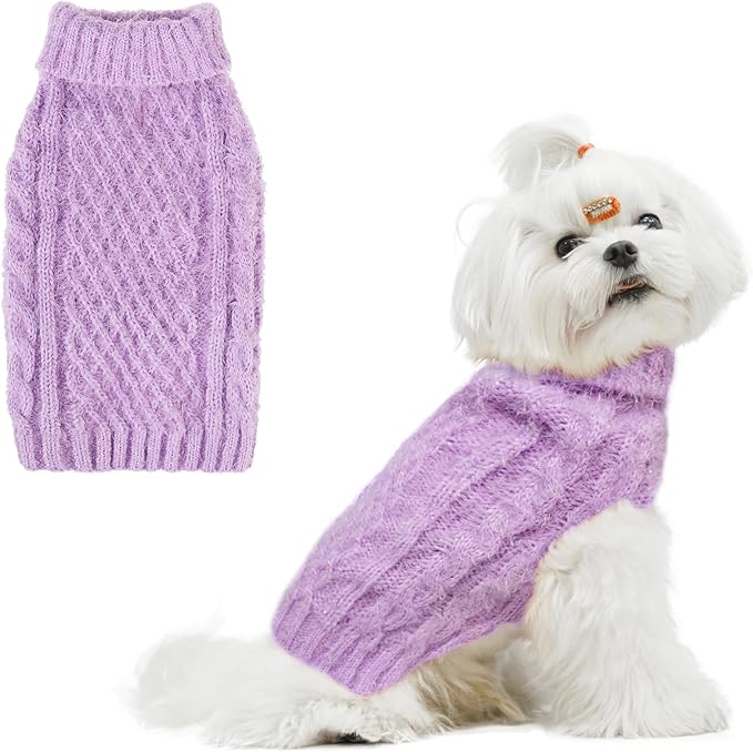 Turtleneck Small Dog Sweaters - Classic Cable Knitwear Winter Coat for Small Medium Dogs Male Female Puppy Dog Cold Weather Clothes Girls Boys, Purple, S
