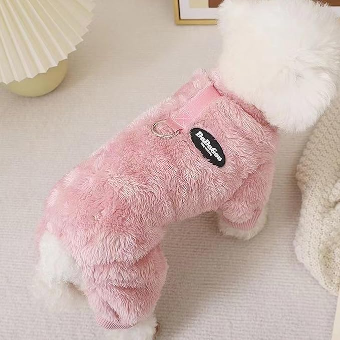 Fleece Small Dog Sweater Jumpsuit with Pull Ring | Stretchy 4-Leg Warm Onesie | Winter Clothes for Dogs and Cats (Pink, Small)