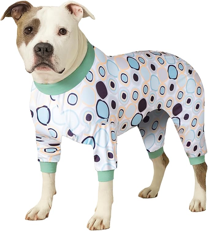 LovinPet Large Dog Pjs - Anti Licking & Anxiety Calming Dog Clothes, All Season Lightweight Stretchy Fit, Bullseye Melon Print, Pet Pajamas for Dogs, Pitbull Clothes, Grey XL