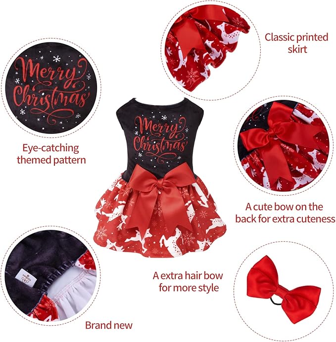 CuteBone Merry Christmas Dog Dress Velvet for Small Dogs Girl Reindeer Puppy Dresses Red Dog Clothes CVA04XS-D