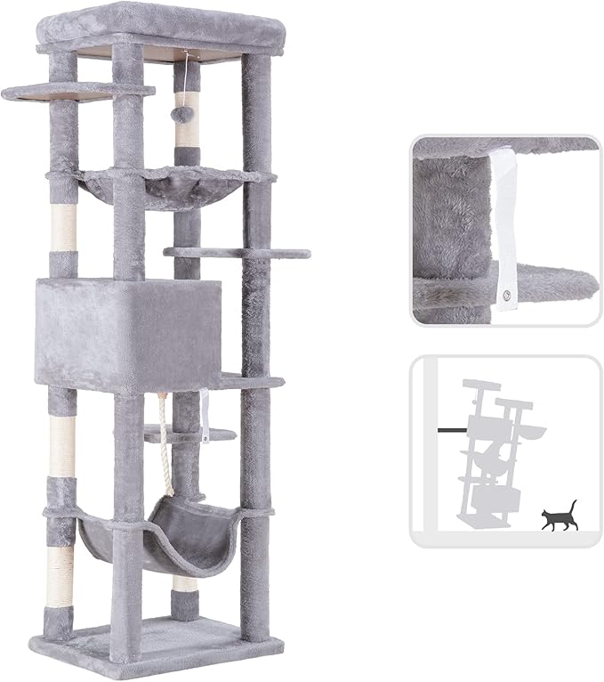 Heybly Cat Tree for Large Cats 20 lbs Heavy Duty,69 inches XXL Cat Tower for Indoor Cats,Multi-Level Furniture Condo with Big Padded Plush Perch,Cozy Basket HCT031W