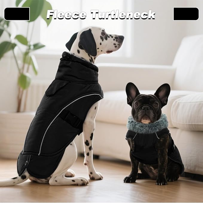 DENTRUN Winter Warm Dog Coat Reflective Jacket with Turtleneck for Cold Weather, Adjustable Buckle Windproof Water Repellent, Thick Snowsuit Fleece Vest for Small, Medium, Large Dogs, Black, XL
