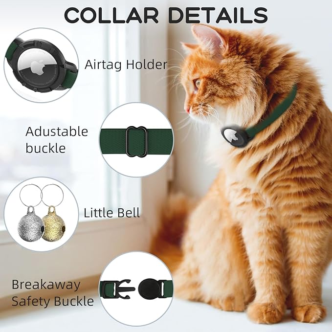 AirTag Cat Collars, Stretchy Collar with Apple AirTag Holder and Bell, Breakaway Ultra Design Elastic GPS Tracking Collars for Cats and Puppies, (7.5-12.5 Inch), Forest Green