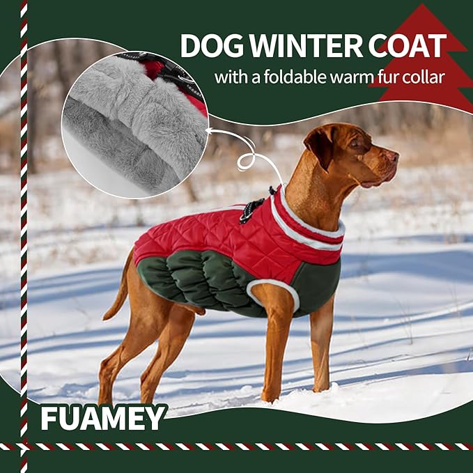 FUAMEY Dog Coat for Large Dogs,Waterproof Dog Winter Jacket with Harness Built in Puppy Cold Weather Coats Reflective Pet Vest with Zipper Warm Fleece Dogs Snowsuit Windproof Christmas XXXL