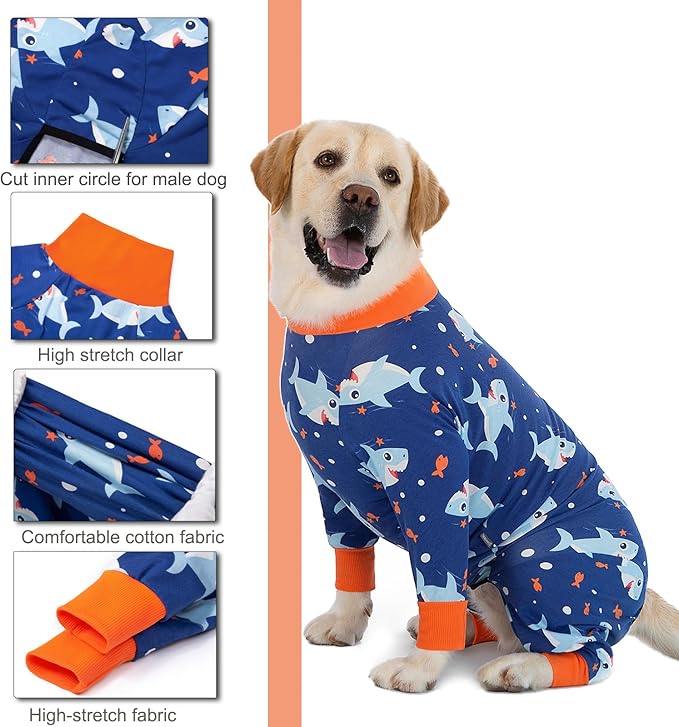 Dog Recovery Suit After Surgery Female Male, Medium Large Dog Neuter Shirt Cone Alternatives Prevent Licking Surgical Onesies (Blue Shark, XL)