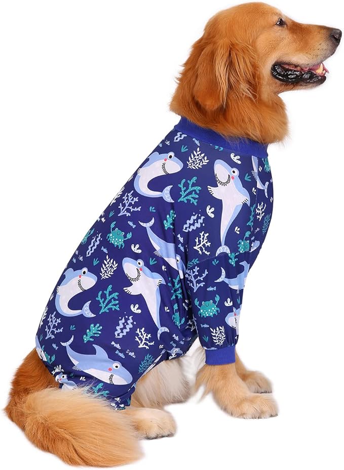 HDE Dog Pajamas One Piece Jammies Jumpsuit Pet Clothes Outfit Stretchy Lightweight Comfy Shirt Pjs for M-3XL Dogs Sharks - M