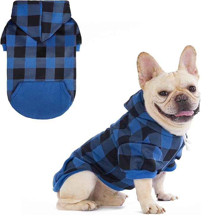 KOOLTAIL Plaid Dog Hoodie Pet Clothes Sweater with Hat and Pocket for Small Medium Large Size Dogs, Soft Winter Warm Dog Cold Weather Coat, Fleece Fall Dog Hooded Sweatshirt for Puppy Cats, Blue M
