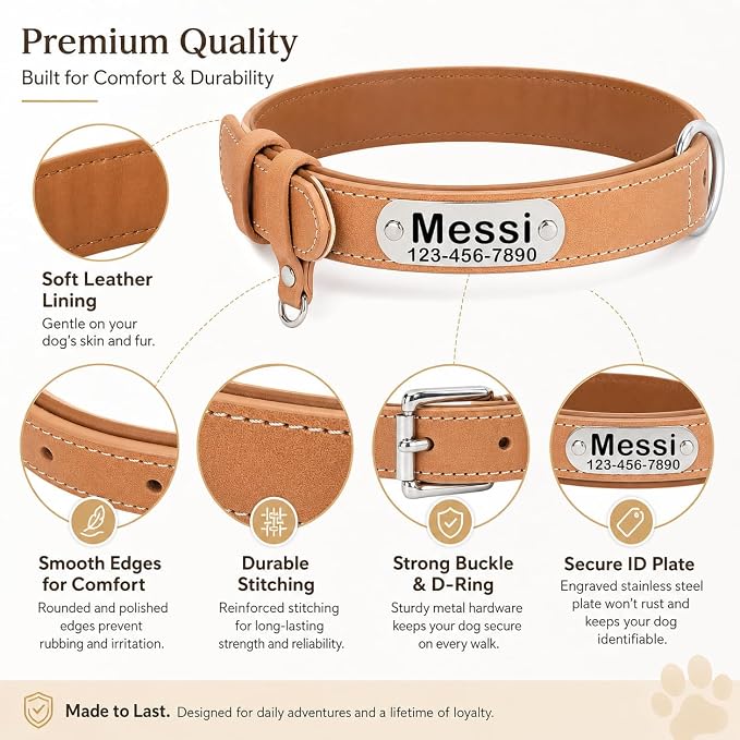 Personalized Genuine Leather Dog Collar with Name Phone Number-Khaki-M
