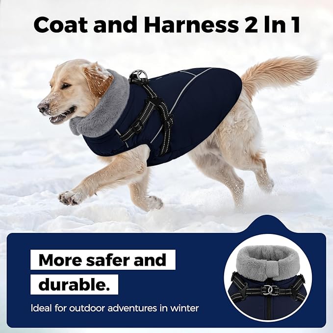 Queenmore Small Dog Coat,Dog Coat for Small Dogs,Reflective Windproof Dogs Jackets with Built-in Harness,Doggy Winter Jacket with Zipper On Back,Warm Pet Coats with Fleece Lining,NavyBlue,S