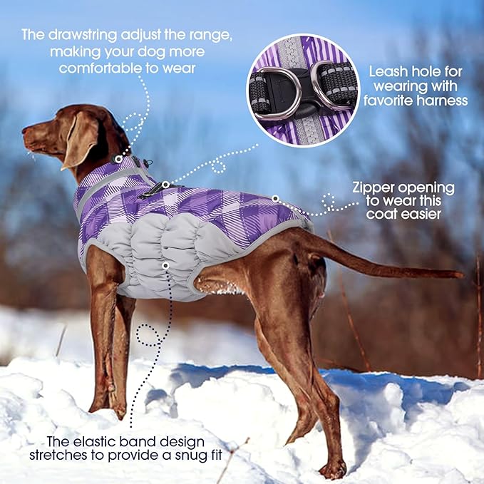 FUAMEY Dog Coat for Large Dogs,Waterproof Dog Winter Jacket with Harness Built in Puppy Cold Weather Coats Reflective Pet Vest with Zipper Warm Fleece Dogs Snowsuit Windproof Purple Plaid 3XL