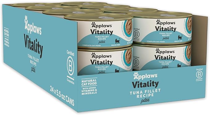 Applaws Vitality Wet Cat Food Paté, Natural Cat Food with Added Vitamins & Minerals, Grain-Free, Carrageenan Free, Tuna Fillet Recipe (24 Count, 5.5oz Cans)