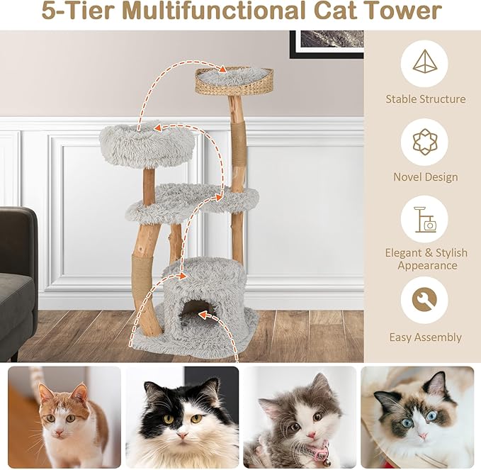 PETSITE 49 inch Cat Tree for Indoor Cats, Cute Solid Wood Modern Multi-Level Cat Tower with Scratching Posts, Top Cattail Basket Cat Bed, Side Perch, Large Platform, and Condo (Grey)