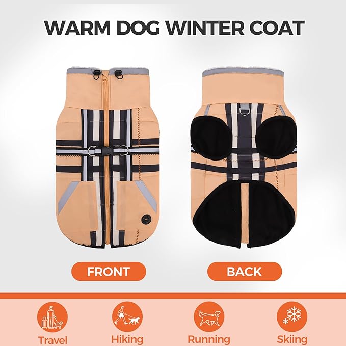 Mihachi Small Dog Coat with Harness Built in, Warm Dog Winter Coat with Pockets for Dogs, Waterproof Reflective Fleece Vest with Zipper, Pet Windproof Warm Cold Weather Jacket Snowsuit Outfit, Beige S