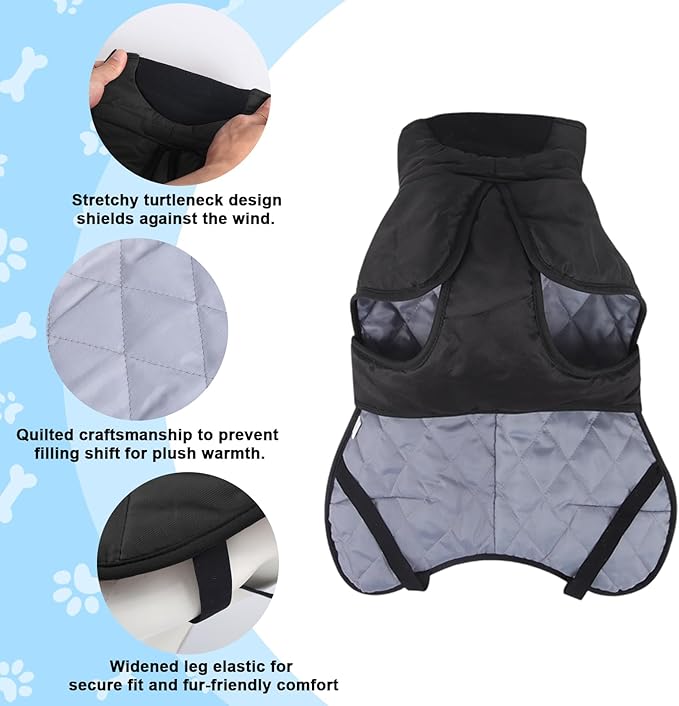 DoggieKit Dog Winter Coat, Waterproof Warm Jacket with Harness Built in, Reflective Cold Weather Doggie Vest, Windproof Turtleneck Pet Snowsuit, Adjustable Puffer Jacket for Medium Dogs, Black 3XL
