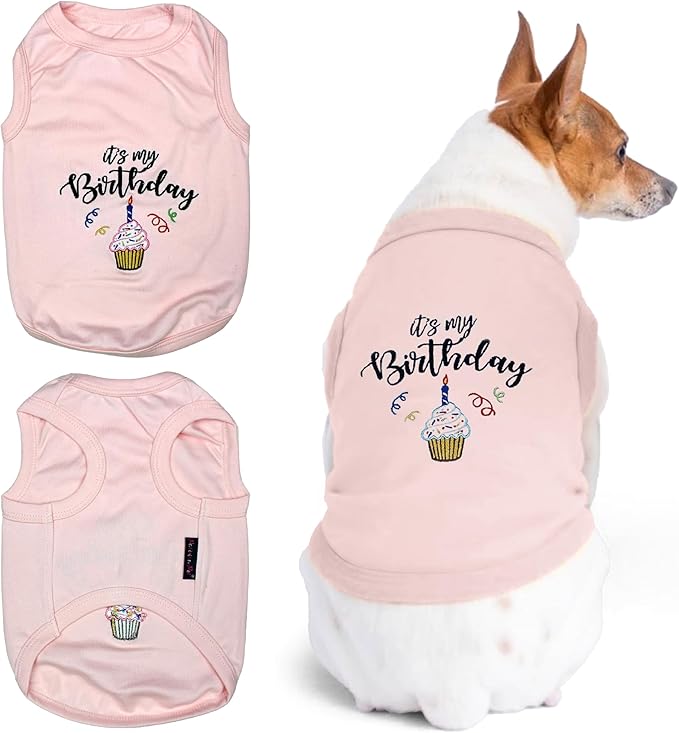 Parisian Pet Dog T-Shirt with Embroidered 'Its My Birthday' - Birthday Girl Shirt - Sleeveless, Lightweight Pet Vest - Pink Dog Clothes for Medium-Sized Dogs M