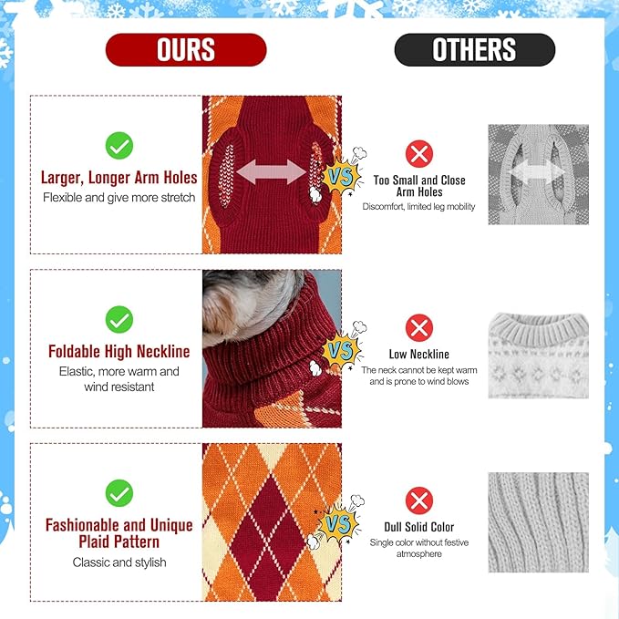 KOOLTAIL Small Dog Sweater, Knit Turtleneck Fall Thanksgiving Dog Sweaters for Medium Large Dogs, Plaid Pullover Cold Weather Knitwear Pet Winter Warm Clothes, Puppy Coat for Girls Boys, Orange M