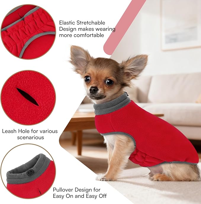 Queenmore Dog Sweater,Soft Fleece Vest Pullover Dogs Jacket with Elastic Stretchable,Warm Winter Dog Coats Cold Weather Doggy Dachshund Sweaters for Small Dogs Cats Boy or Girl (Red, S)