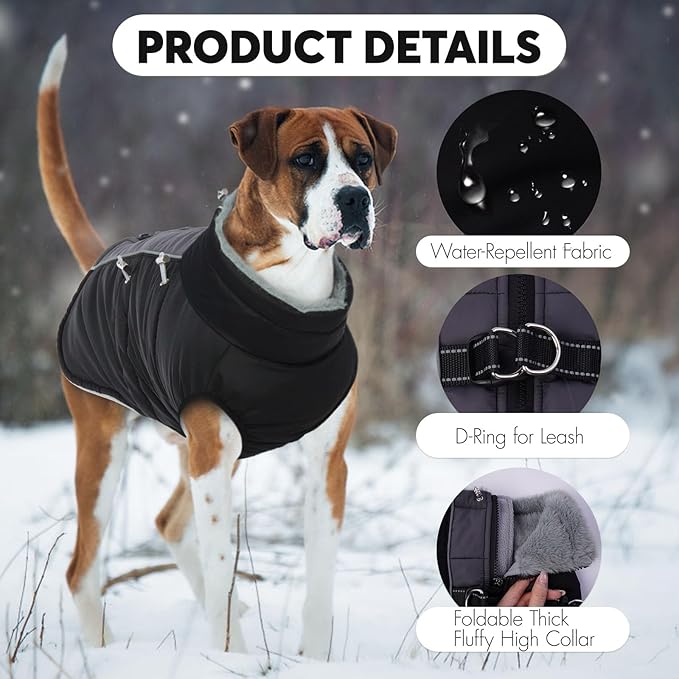 IDOMIK Warm Dog Coat with Harness, Waterproof Reflective Dog Jackets for Small Medium Large Dogs, Fleece High Collar Winter Jacket with Zipper, Pet Winter Snowsuit Clothes for Cold Weather,Black L