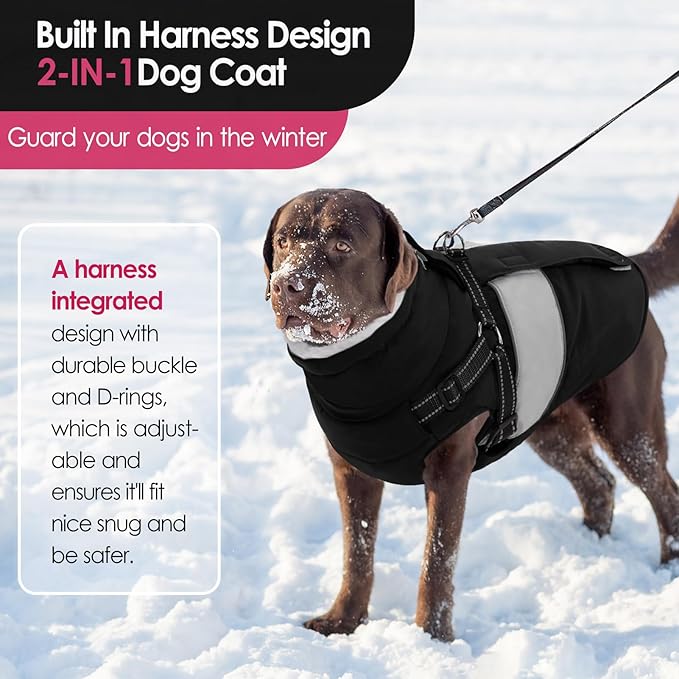 AOFITEE Dog Coat Warm Dog Winter Coat, Waterproof Dogs Jacket with Harness, Dogs Snow Jacket Snowsuit with Zipper & Furry Collar, Reflective Windproof Pet Sweater for Cold Weather, French Bulldog, L