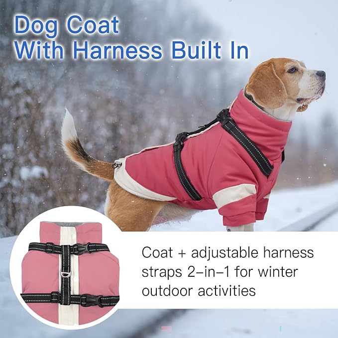 XXX-Large Dog Coat with Reflective Harness 2 in 1 for Dog Walking | Winter Turtleneck Windproof Coat for Large Dogs,Snowsuit with Sleeves Protect Joints,Cold-Weather Clothing(Pink)