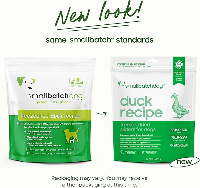 smallbatch Pets Freeze Dried Raw Dog Food, Duck Recipe, 25 oz, Organic High Protein Dog Food, Grain Free, Made in The USA, Humanely Raised Meat, Single Protein, for Picky Eaters, Hydrate & Serve