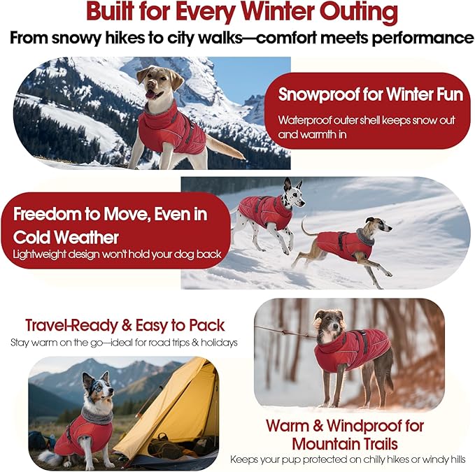 QBLEEV Warm Dog Jacket - Reflective, Adjustable Winter Coat with Turtleneck for Cold Weather, Waterproof Fleece Snowsuit for Small, Medium, Large Dogs