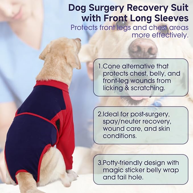 LeLePet Recovery Suit for Dogs After Surgery, Female Spay and Male Neuter Suits, Dog Onesie for Surgery Prevent Licking Breathable Soft Recovery Suit with Long Sleeve Front Legs Dog Cone Alternative