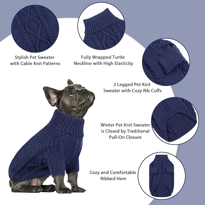 Queenmore Small Dog Pullover Sweater, Cold Weather Cable Knitwear, Classic Turtleneck Thick Warm Clothes for Chihuahua, Bulldog, Dachshund, Pug (Dark Navy, X-Large)