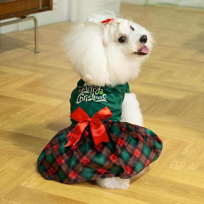 CuteBone Christmas Tree Dog Dress Velvet for Small Dogs Girl Puppy Dresses Green Plaid Dog Clothes CVA05M-D