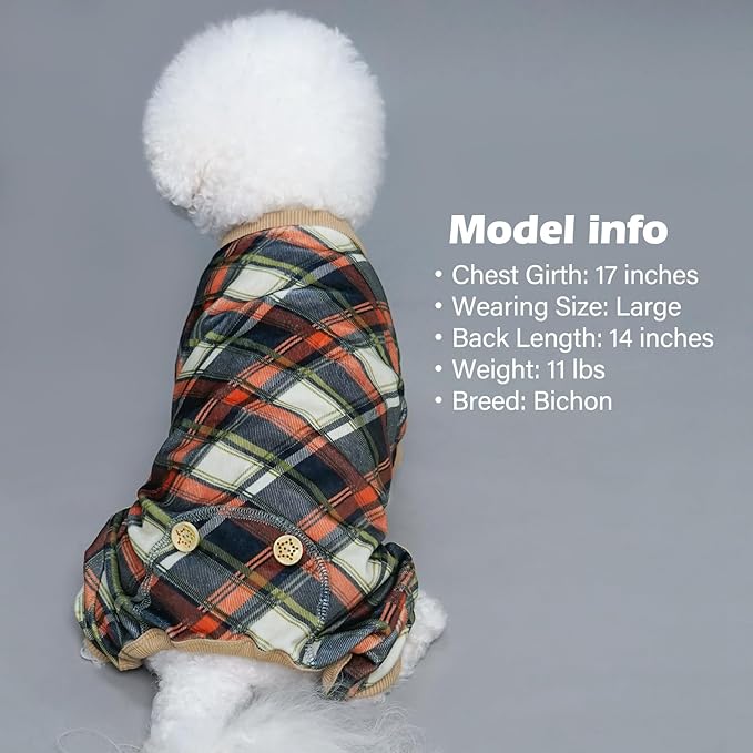 KYEESE Dog Pajamas Plaid Dog Pajamas for Small Dogs Boy Girl Velvet Doggie Jammies Stretchy Onesie Comfy Pet Clothes Soft Coat Lightweight Pjs, Khaki, Large