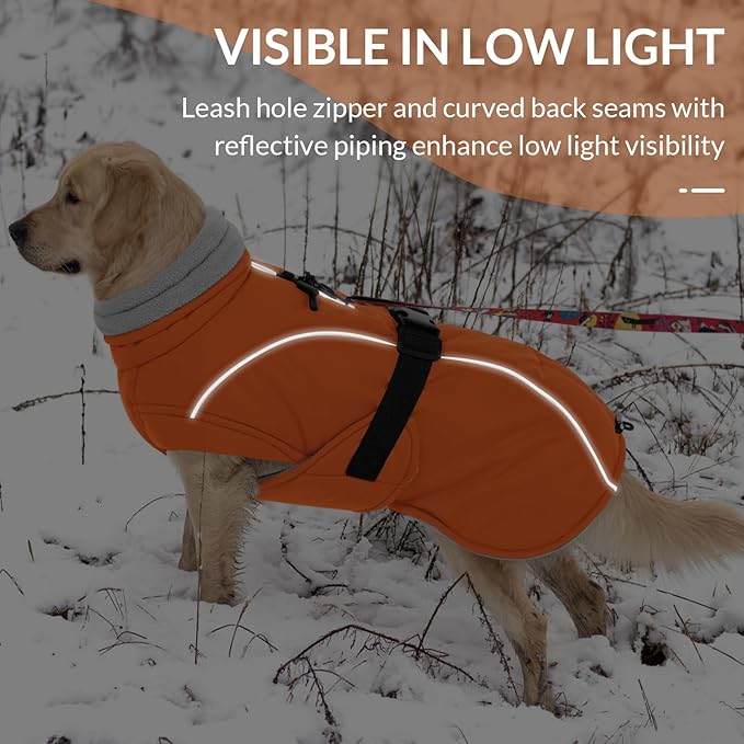 Queenmore Winter Dog Coat Warm Dog Jacket Vest Waterproof Puffer Fleece Snowsuit Adjustable Buckle Leash Hole Reflective Cold Weather Parka for Small Medium Large Dogs Girl Boy Orange XXL
