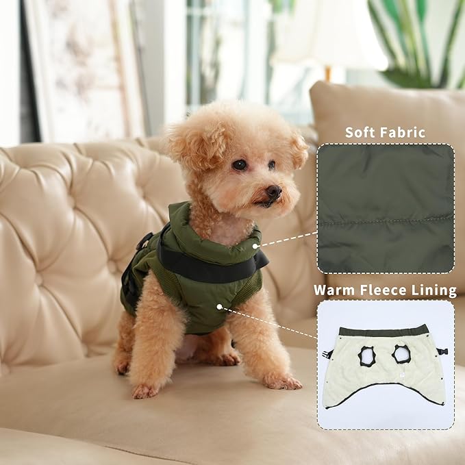 Dog Jacket with Harness,Fleece Lined Warm Puppy Coat for Winter,Soft Windproof Small Dog Vest,Green M